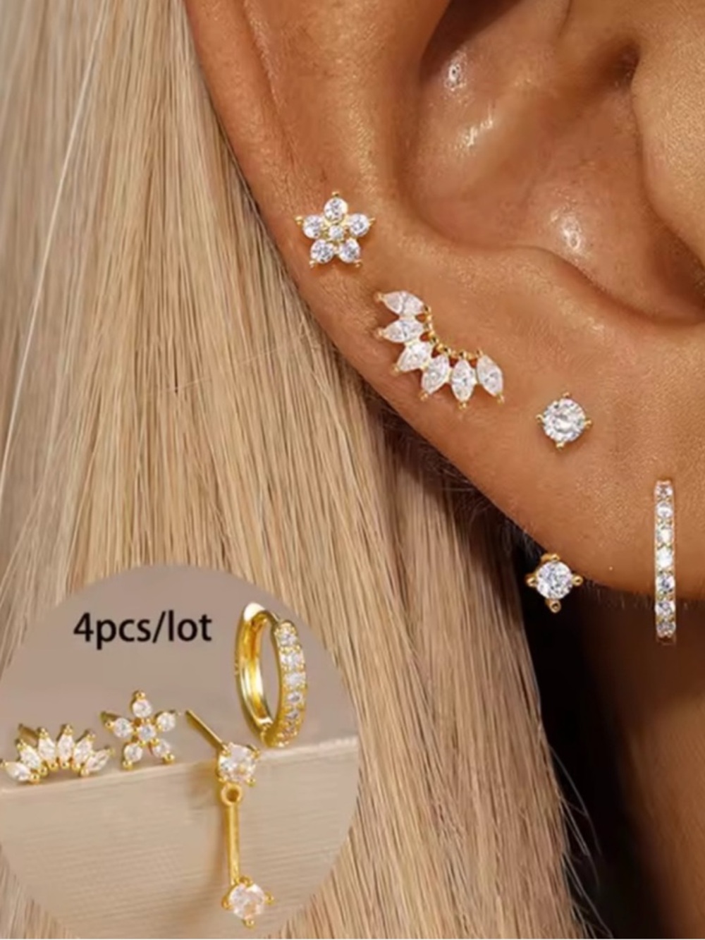 Anthropologie Gold Floral & Marquise Cubic Zirconia Earring Set
